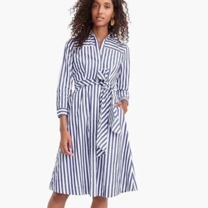 J. Crew Dress Cotton Poplin Tie-Waist Shirt Dress Blue Striped Size 6